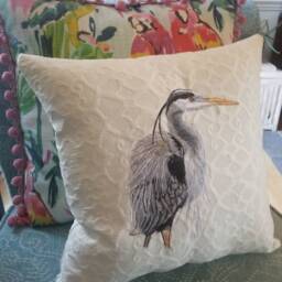 Embroidered Blue Heron Pillow - Shore Bird Beach Decor - thumbnail 4