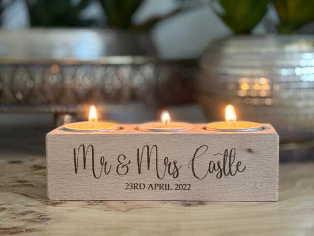 Engraved Beech Wood Double Or Triple Candle/Tea Light Holder For Wedding Couple, Custom Personalised - image 1