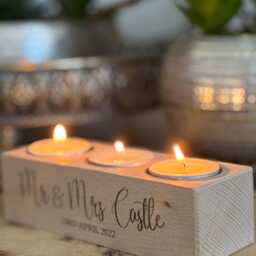 Engraved Beech Wood Double Or Triple Candle/Tea Light Holder For Wedding Couple, Custom Personalised - thumbnail 4
