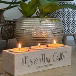 Engraved Beech Wood Double Or Triple Candle/Tea Light Holder For Wedding Couple, Custom Personalised - thumbnail 2