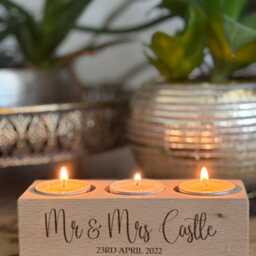 Engraved Beech Wood Double Or Triple Candle/Tea Light Holder For Wedding Couple, Custom Personalised - thumbnail 3