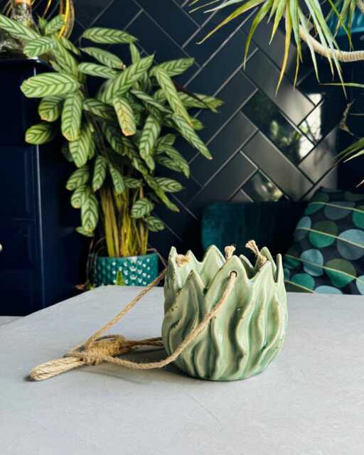 Hanging Glazed Pot - Glazed Clay Pot With Natural Hanging Thread Stylish Design Stunning Planter Earthenware Botanical Leafy Style - image 1