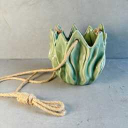 Hanging Glazed Pot - Glazed Clay Pot With Natural Hanging Thread Stylish Design Stunning Planter Earthenware Botanical Leafy Style - thumbnail 3