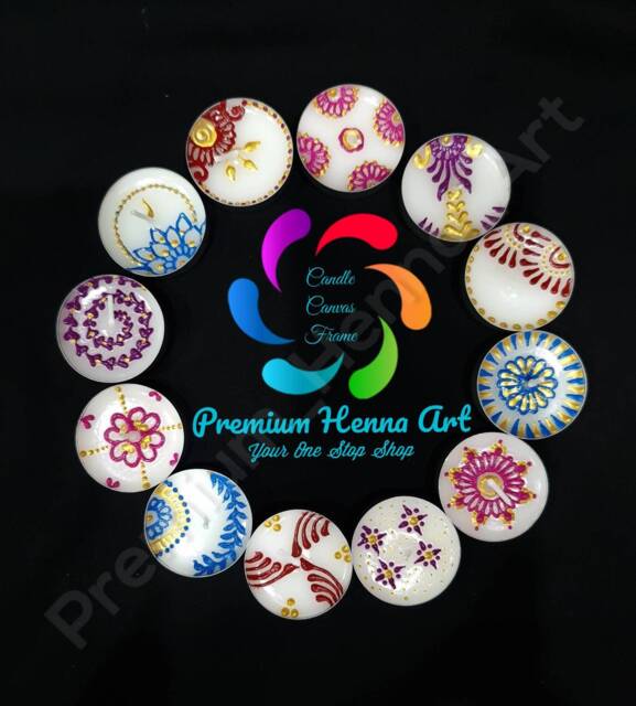 Set Of 12 Henna Painted Tea Light Decorative Candles - Christmas, Diwali, Mehndi - image 1