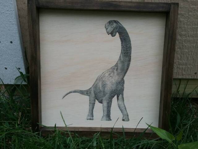 Brontosaurus Print Happy Dinosaur Kids Room Decor, Framed Pine - image 1