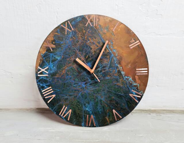 Wall Clock With Roman Numerals. Copper Round Art. Patinated Copper. Patina - image 1
