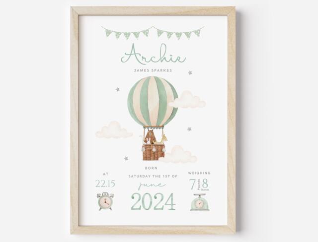 Personalised Hot Air Balloon Baby Birth Details Print - Woodland Animal New Boy Girl Gift Newborn Keepsake - image 1