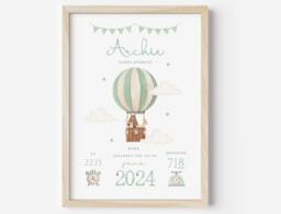 Personalised Hot Air Balloon Baby Birth Details Print - Woodland Animal New Boy Girl Gift Newborn Keepsake - thumbnail 1