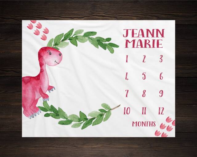 Dinosaur Milestone Blanket Monthly Growth Tracker Soft Fleece Baby Shower Gift Newborn Watch Me Grow Girl - image 1
