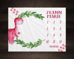 Dinosaur Milestone Blanket Monthly Growth Tracker Soft Fleece Baby Shower Gift Newborn Watch Me Grow Girl - thumbnail 1