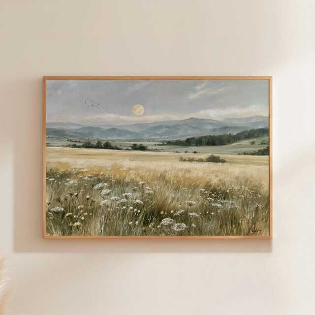 Moon Meadow Poster, Wildflower Landscape Print, Nature Wall Art, Paper - image 1