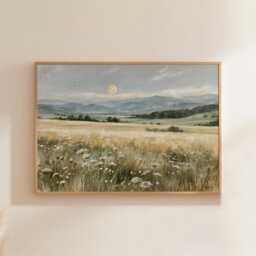 Moon Meadow Poster, Wildflower Landscape Print, Nature Wall Art, Paper - thumbnail 1