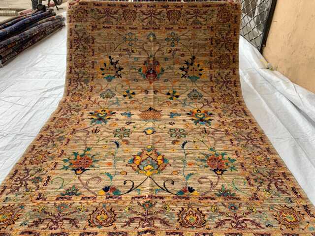 Hand-Knotted Wool Chobi Rug Beige Floral Carpet, 6.6x4.9 Ft - image 1