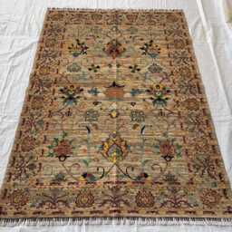 Hand-Knotted Wool Chobi Rug Beige Floral Carpet, 6.6x4.9 Ft - thumbnail 2