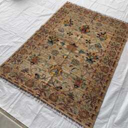 Hand-Knotted Wool Chobi Rug Beige Floral Carpet, 6.6x4.9 Ft - thumbnail 3