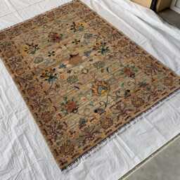 Hand-Knotted Wool Chobi Rug Beige Floral Carpet, 6.6x4.9 Ft - thumbnail 4