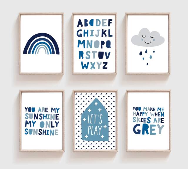 6 Boys Nursery Prints, You Are My Sunshine Bedroom Decor, Quotes, Blue, Wall Art, Rainbow - image 1
