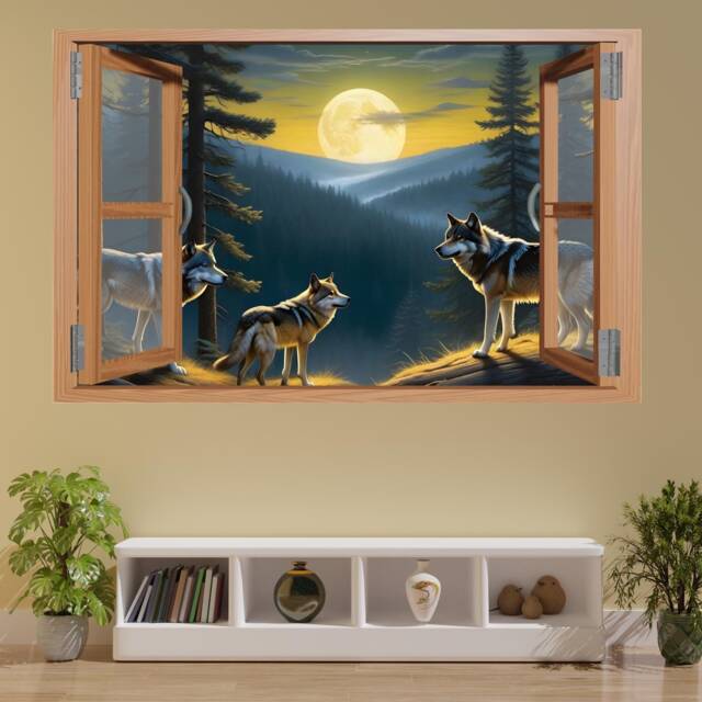 Wolf Pack Wood Cabin Window Wall Sticker Mural Decal Self-Adhesive Poster Bedroom Nursery Office Home Decor 1252 - image 1