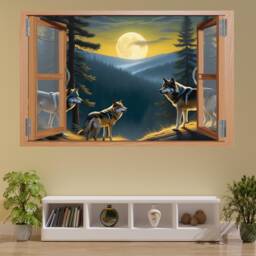 Wolf Pack Wood Cabin Window Wall Sticker Mural Decal Self-Adhesive Poster Bedroom Nursery Office Home Decor 1252 - thumbnail 1
