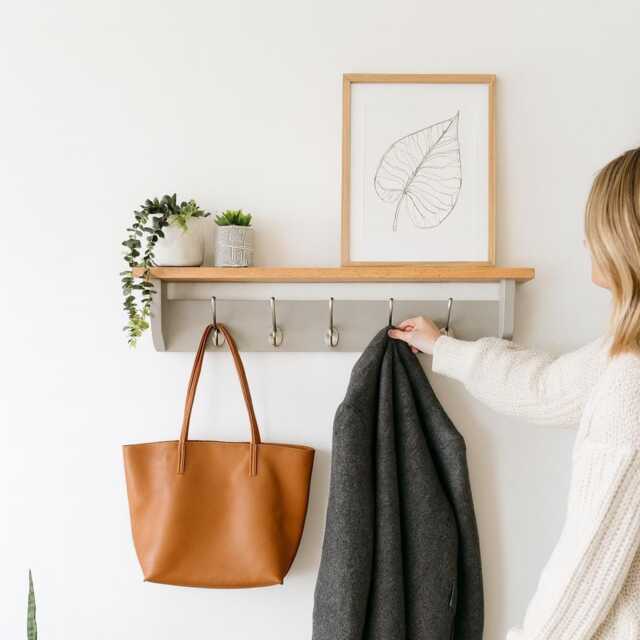 Grey Coat Rack With Oak Shelf Wall-Mounted Entryway Storage Chrome, Black, Brass Or Copper Hooks - image 1