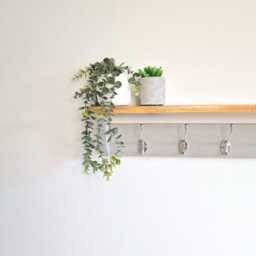 Grey Coat Rack With Oak Shelf Wall-Mounted Entryway Storage Chrome, Black, Brass Or Copper Hooks - thumbnail 4