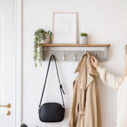 Grey Coat Rack With Oak Shelf Wall-Mounted Entryway Storage Chrome, Black, Brass Or Copper Hooks - thumbnail 2