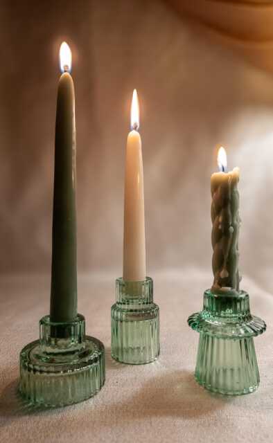 Sage Green Ribbed Glass Candle Holder Modern Vintage Taper Holder - image 1