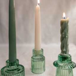 Sage Green Ribbed Glass Candle Holder Modern Vintage Taper Holder - thumbnail 2