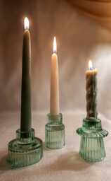 Sage Green Ribbed Glass Candle Holder Modern Vintage Taper Holder - thumbnail 1