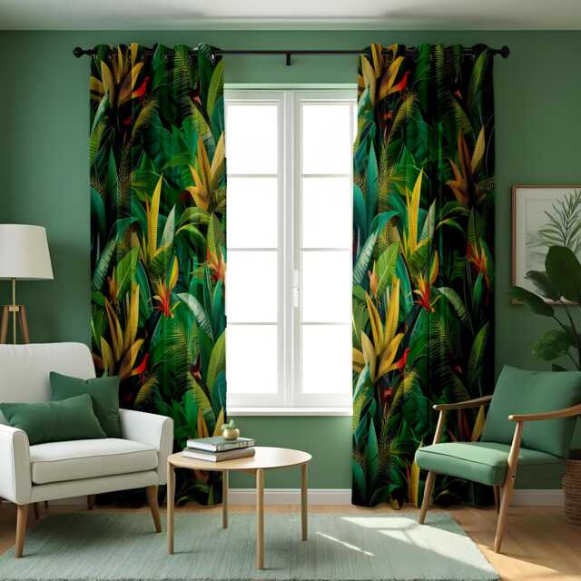 Lush Botanical Curtains, Tropical Leaf Print Drapes, Exotic Jungle Window Treatment, Custom Curtain Panels For Home Decor - image 1