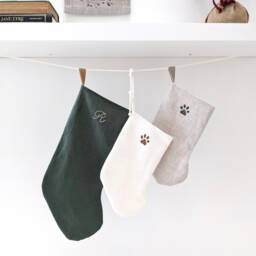 Hand Painted Linen Holiday Stocking, Paw Print Pet Christmas Stocking - thumbnail 1
