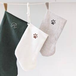 Hand Painted Linen Holiday Stocking, Paw Print Pet Christmas Stocking - thumbnail 3