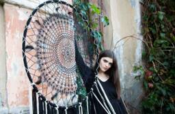 Large Black Dreamcatcher Wall Hanging, Boho Crochet Mandala Decor - thumbnail 1