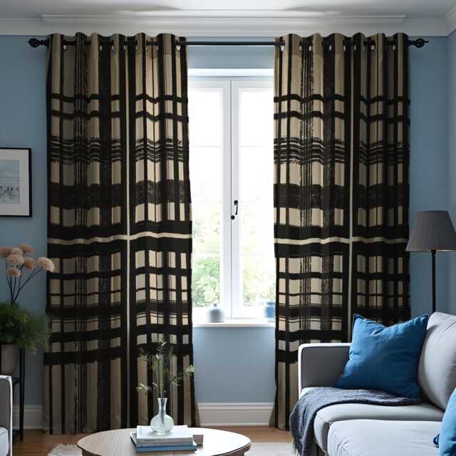 Modern Black Beige Checkered Curtains, Minimalist Geometric Window Drapes, Contemporary Living Room Decor - image 1