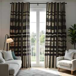 Modern Black Beige Checkered Curtains, Minimalist Geometric Window Drapes, Contemporary Living Room Decor - thumbnail 2
