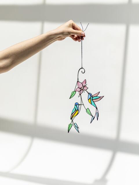 Hummingbird Stained Glass Bird Orchid Suncatcher Farmhouse Home House Decor Window Wall Hangings Grandma Gift Living Kitchen Room Art - image 1