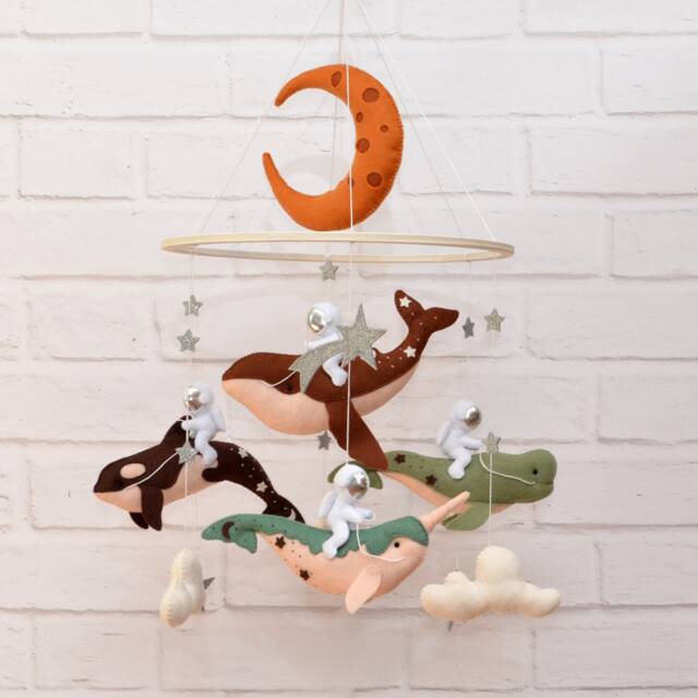 Whale & Narwhal Space Mobile - Galaxy Nursery Decor With Astronauts Earth Tone Celestial Crib Mobile - image 1
