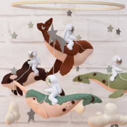 Whale & Narwhal Space Mobile - Galaxy Nursery Decor With Astronauts Earth Tone Celestial Crib Mobile - thumbnail 2
