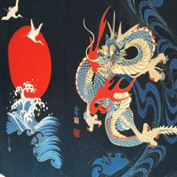 Japanese Noren Curtain, Order Made, Big Blue Noren, Crane Dragon & Fabric Wall Panel, 3 Panel Curtain Tissu - thumbnail 2