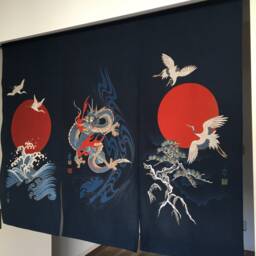 Japanese Noren Curtain, Order Made, Big Blue Noren, Crane Dragon & Fabric Wall Panel, 3 Panel Curtain Tissu - thumbnail 4