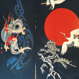 Japanese Noren Curtain, Order Made, Big Blue Noren, Crane Dragon & Fabric Wall Panel, 3 Panel Curtain Tissu - thumbnail 3