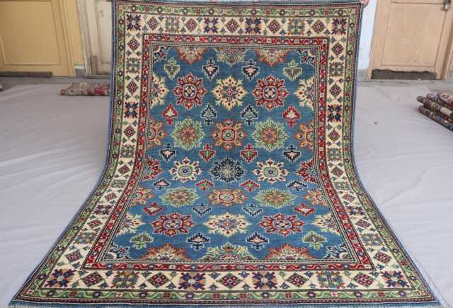 5x7 Kazak Area Rug, Blue Afghan Hand Knotted Veg Dyes Wool Tribal Geometric Oriental Turkmen Living Room Bedroom Carpet - image 1