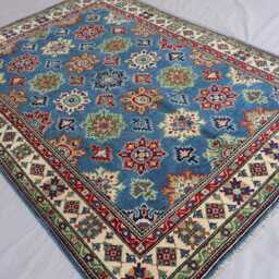 5x7 Kazak Area Rug, Blue Afghan Hand Knotted Veg Dyes Wool Tribal Geometric Oriental Turkmen Living Room Bedroom Carpet - thumbnail 2