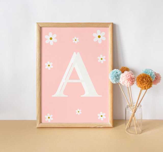 Girls Personalised Initial & Name Pink Floral Daisy Wall Print For Bedroom Or Nursery - image 1