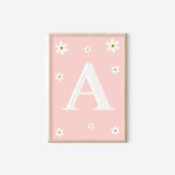 Girls Personalised Initial & Name Pink Floral Daisy Wall Print For Bedroom Or Nursery - thumbnail 3