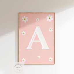 Girls Personalised Initial & Name Pink Floral Daisy Wall Print For Bedroom Or Nursery - thumbnail 2