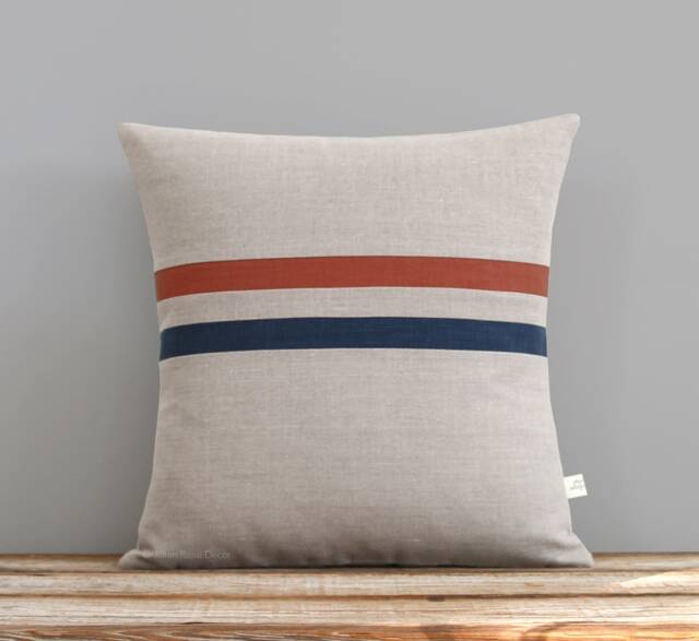 Rust & Navy Striped Linen Pillow Cover - 16x16 By Jillianrenedecor, Modern Home Decor, Copper - image 1