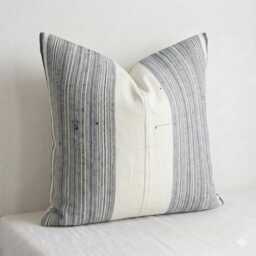 Vintage Hmong Hemp Pillow Cover, Cream & Black Stripes - 20x20 - thumbnail 1