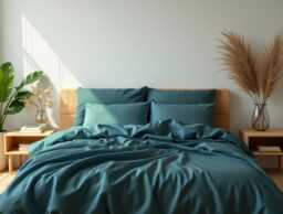 Dusty Teal Sateen Bedding Set 1 Duvet Cover & 2 Pillowcases Cotton Satin Comforter