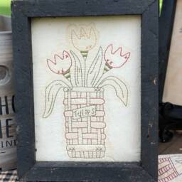 Basket Of Tulips Primitive Stitchery Framed Print - thumbnail 3